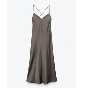 Zara Satin Gray Open Back Maxi Dress, Size XS